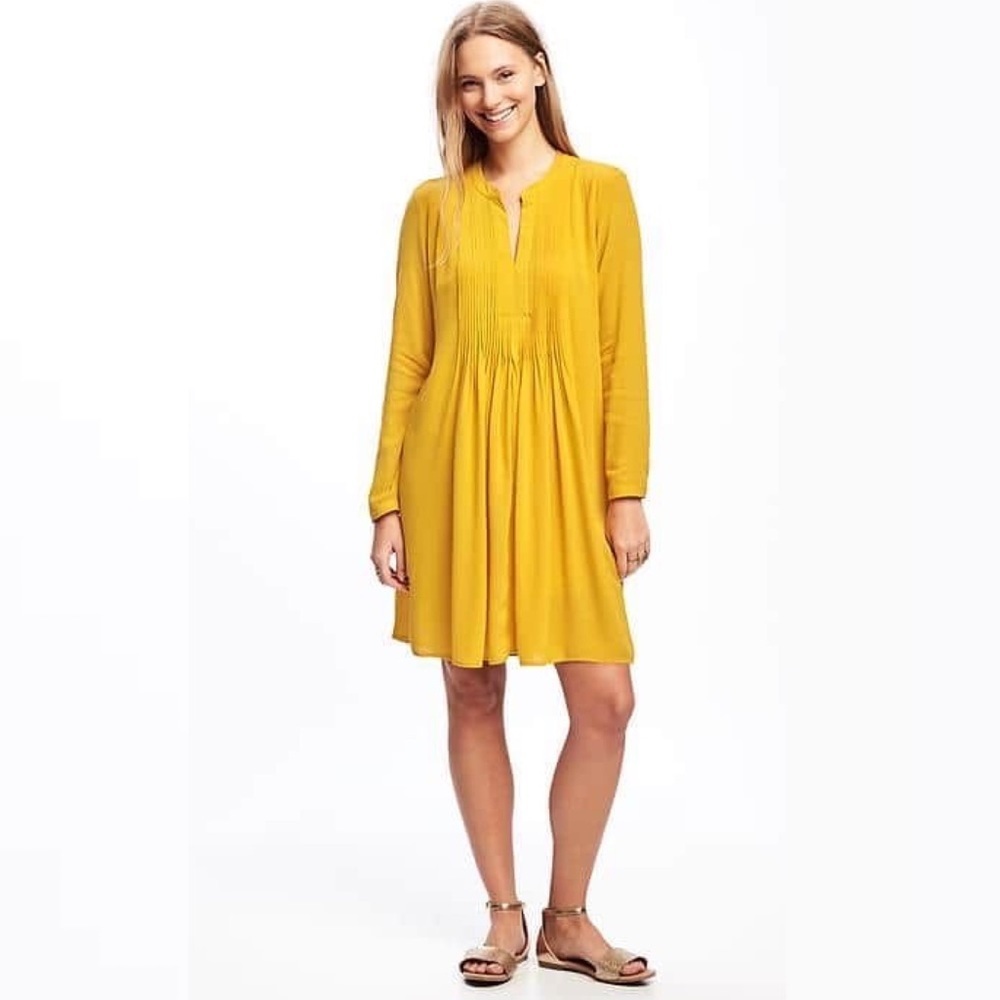 Old‎ Navy Pintuck Yellow Dress Size Small Feeling Corny Long Sleeve Pleated Boho
